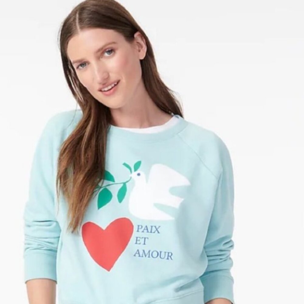 J Crew " Paix Et Amour" Dove Heart Sweatshirt in Cotton Terry